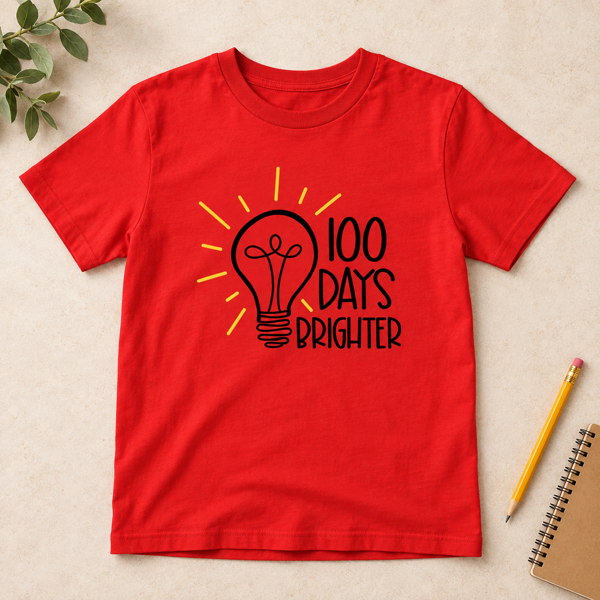 Red 100 Days Brighter lightbulb school tee boutique product mockup