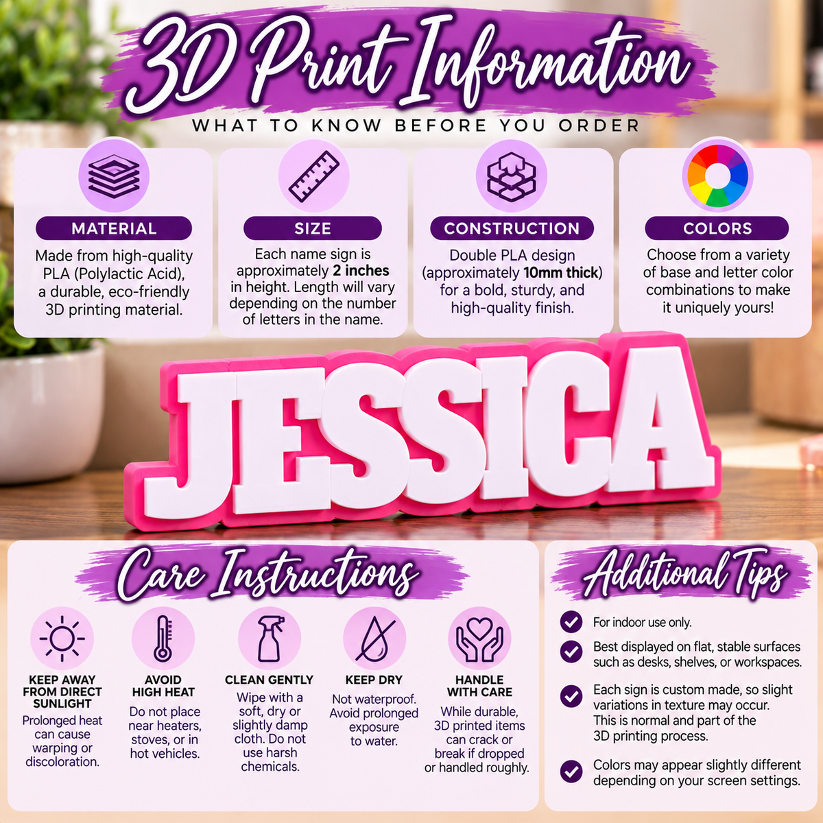 3D printed name sign information and PLA care instructions