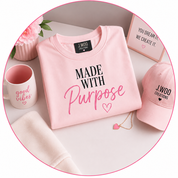Pink sweatshirt with 'Made with Purpose' text, mug, cap, and jewelry on a white surface.