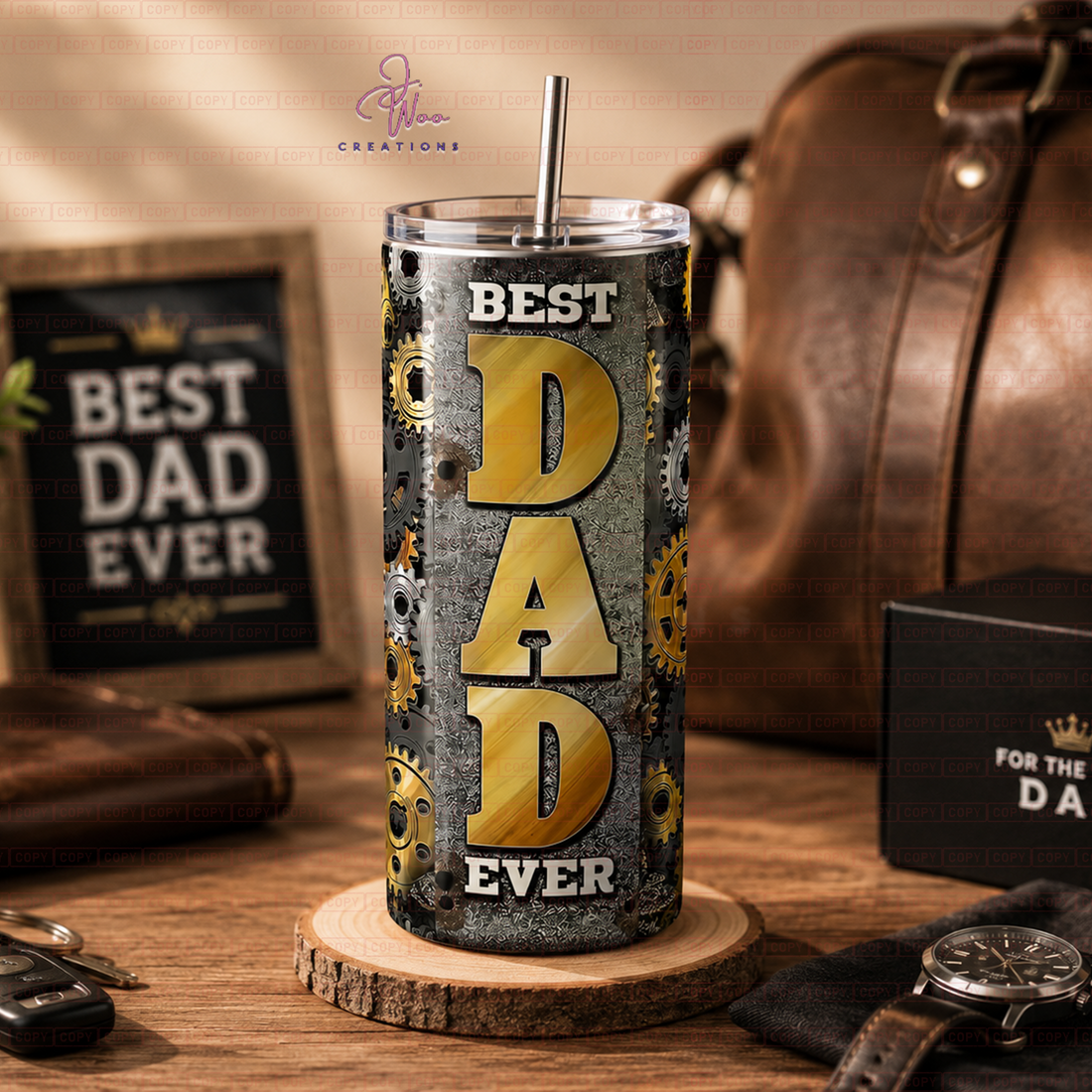 Tumbler with 'Best Dad Ever' text on a wooden surface and beige background
