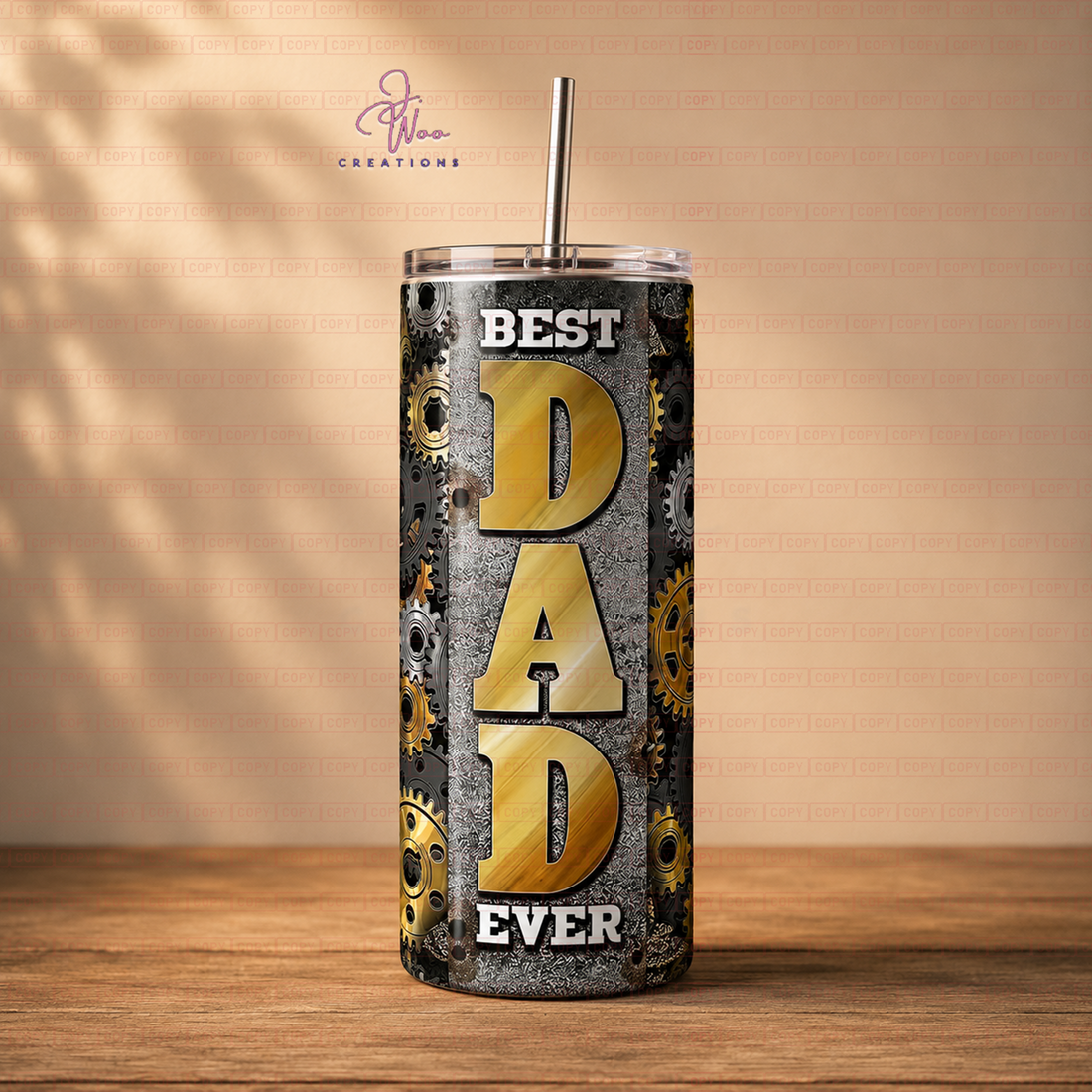 Tumbler with 'Best Dad Ever' text on a wooden surface and beige background