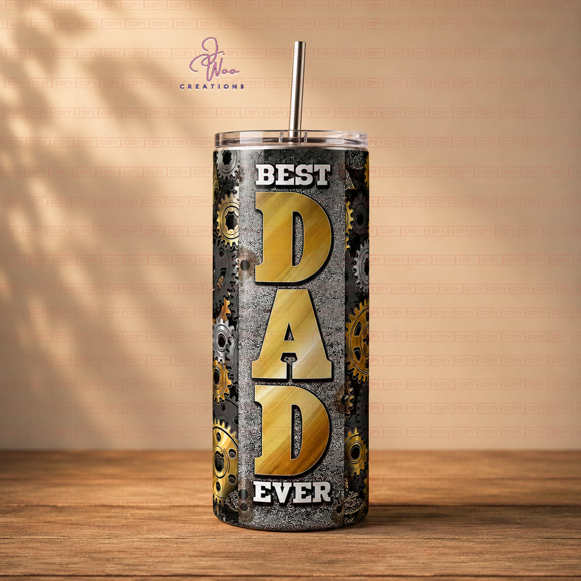 Tumbler with 'Best Dad Ever' text on a wooden surface and beige background