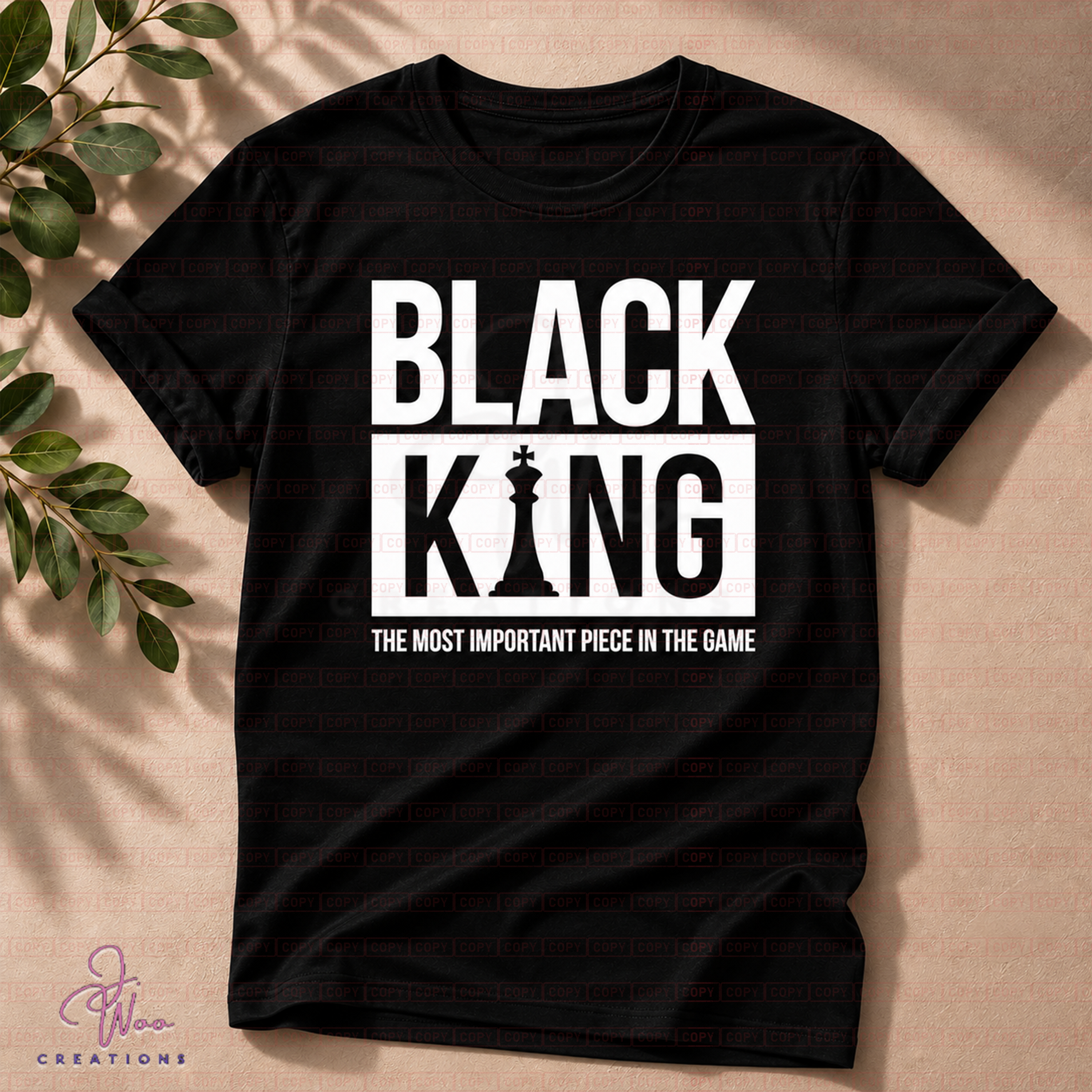 Black t-shirt with 'BLACK KING' text and a chess piece graphic on a beige background.