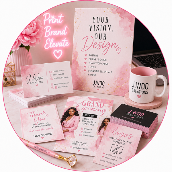 Collection of branded promotional materials including cards, a mug, and a neon sign on a desk.