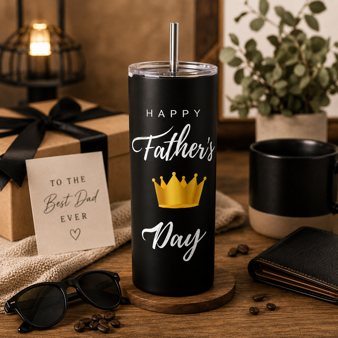 Black tumbler with 'Happy Father's Day' text and crown design on a wooden surface.