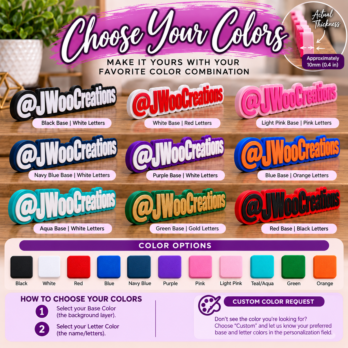 Custom 3D name sign color options showing base and raised letter color combinations