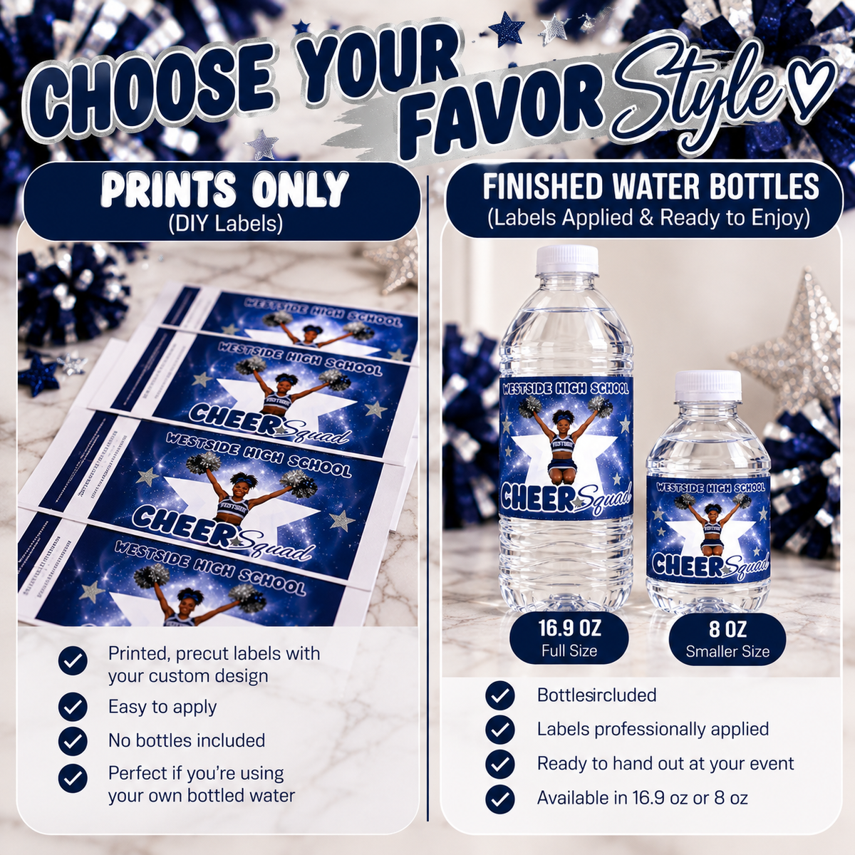 Cheer Squad party favor options showing DIY printed water bottle labels and finished personalized water bottles in two sizes.