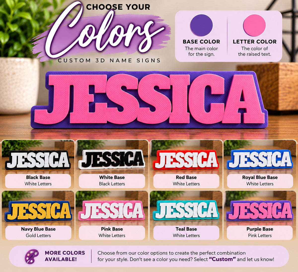 Color guide for custom 3D printed name signs with base and letter color choices