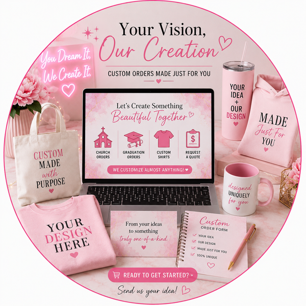 Promotional graphic for a custom design service with laptop, mug, tote bag, and other products.