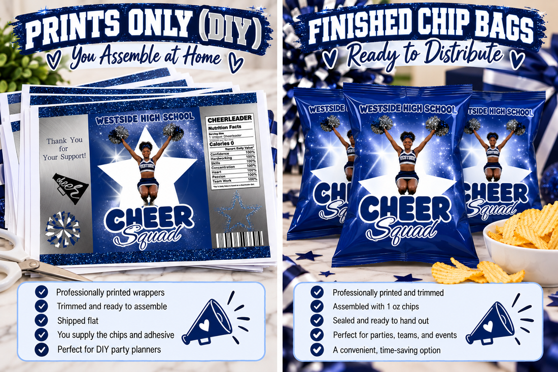Personalized Westside High School Cheer Squad chip bag favors with navy blue and white cheerleading design