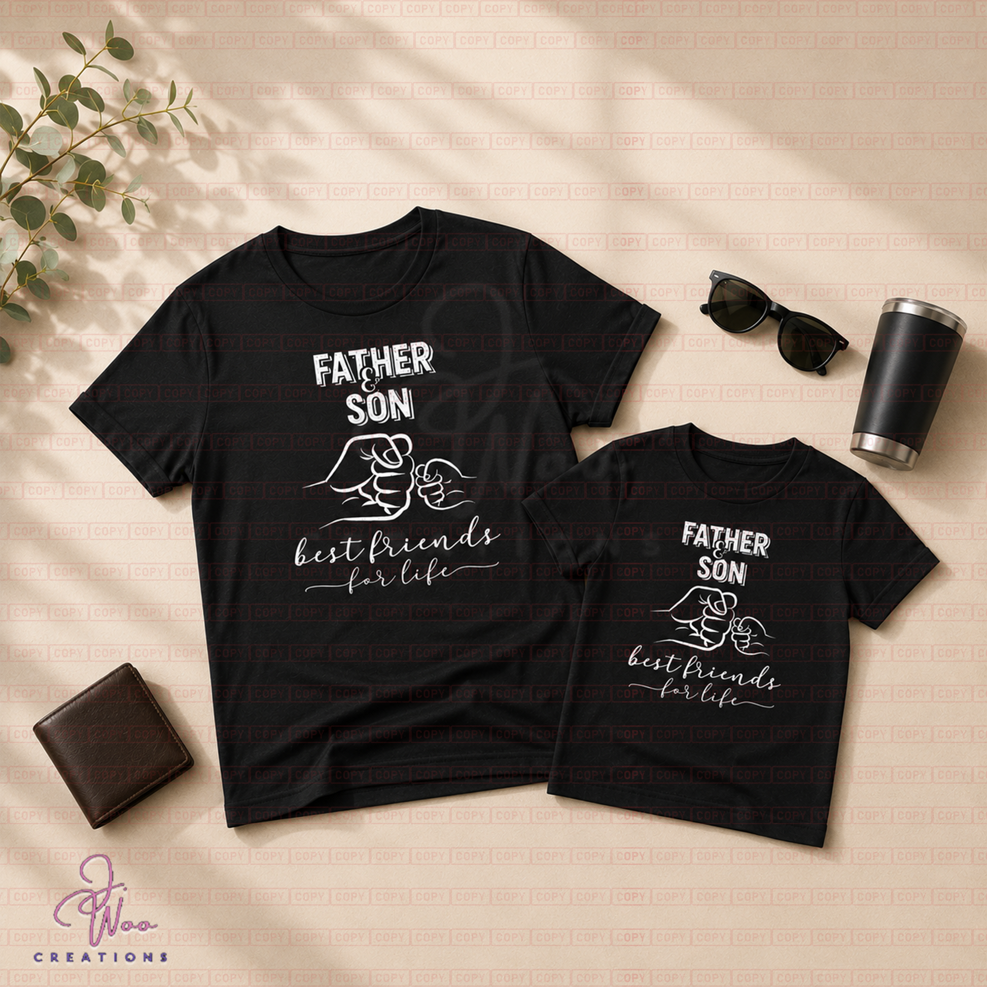 Two black t-shirts with 'Father Son Best Friends for Life' text on a beige surface with sunglasses and a tumbler.