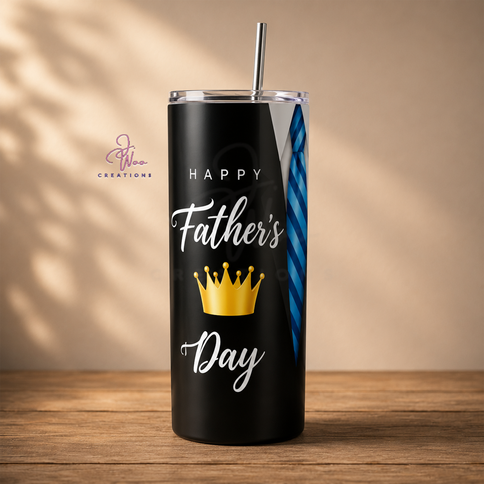 Black tumbler with 'Happy Father's Day' text and crown design on a wooden surface.