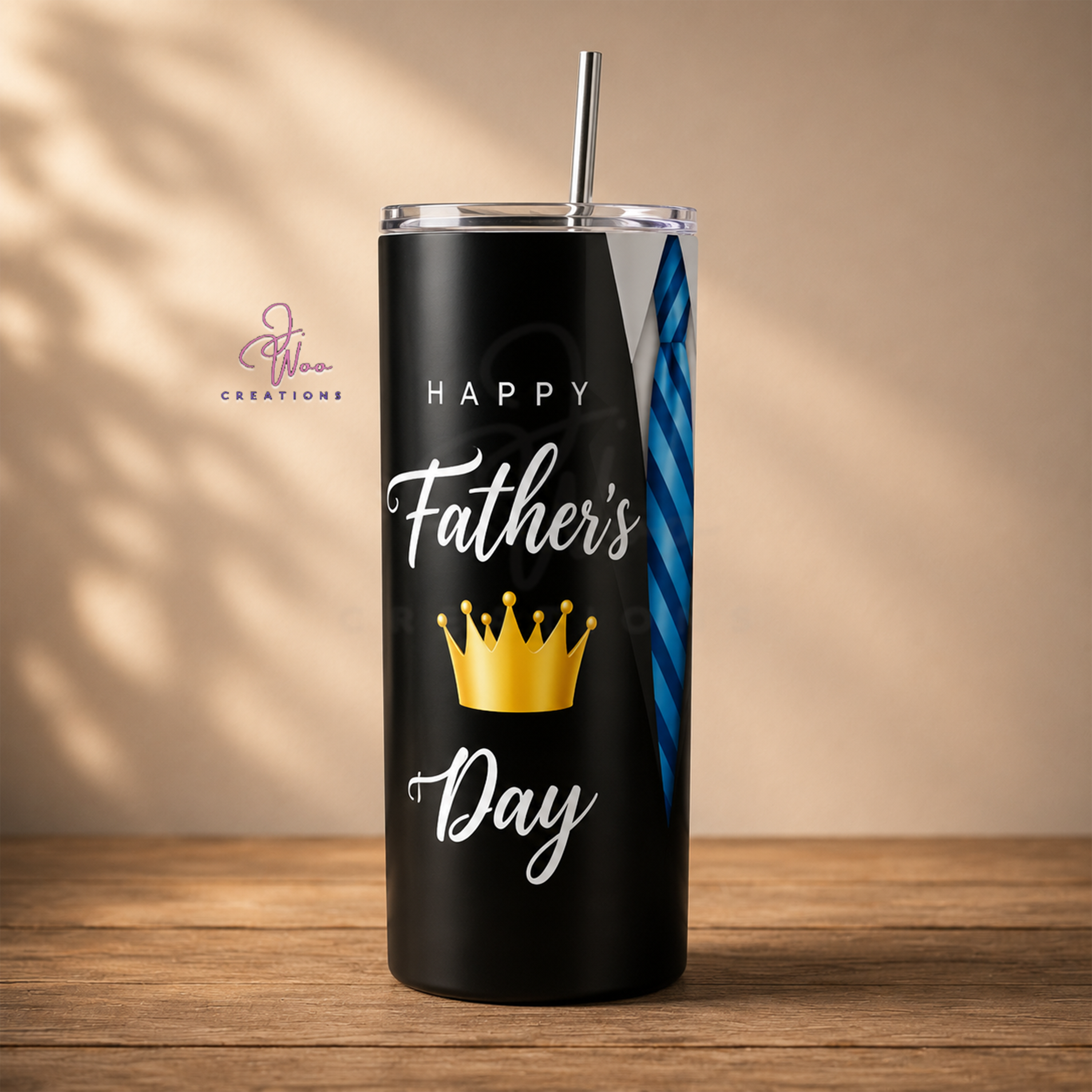 Black tumbler with 'Happy Father's Day' text and crown design on a wooden surface.