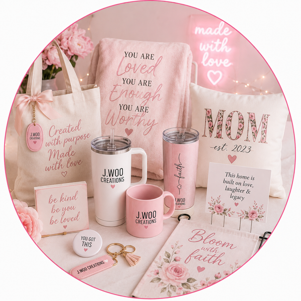 Collection of pink-themed products with motivational quotes and branding on a white surface.