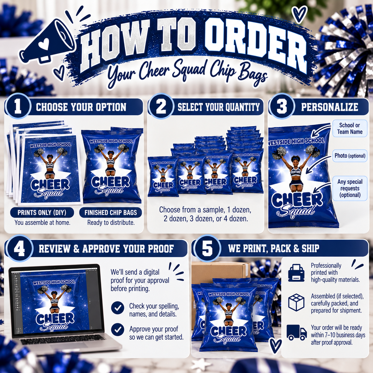 How to order custom Cheer Squad chip bags with favor style, quantity, personalization and proof approval steps