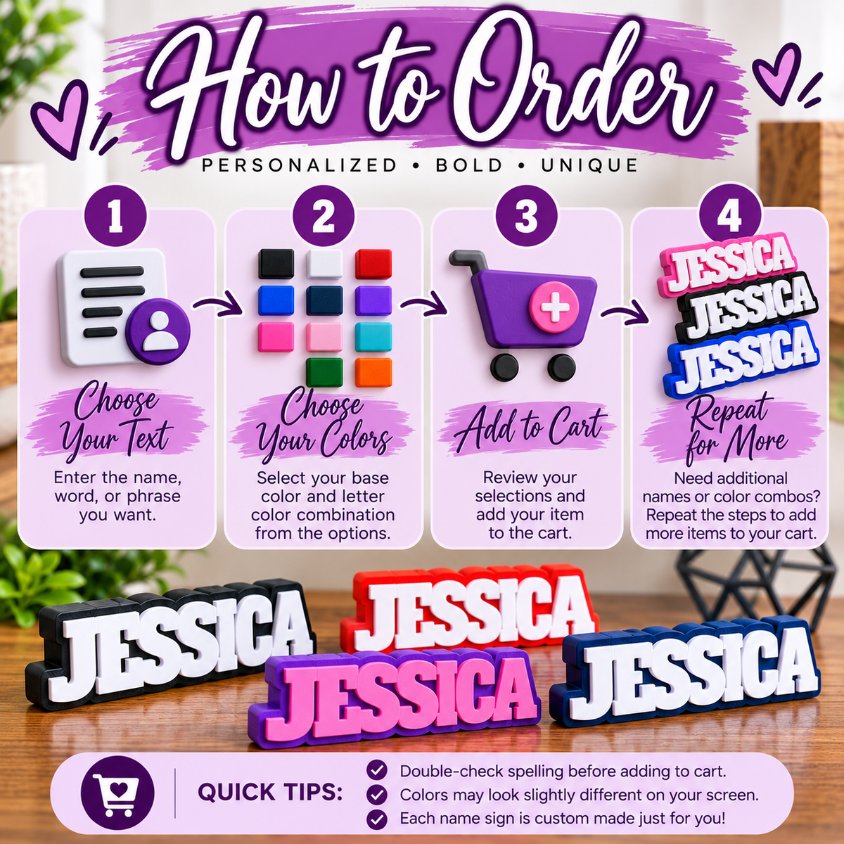 How to order a personalized 3D printed name sign from J. Woo Creations