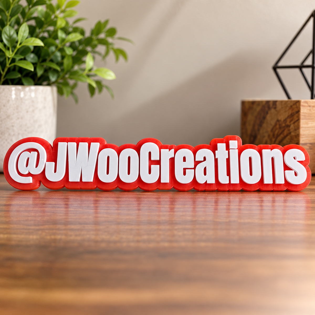 Custom 3D printed @JWooCreations Contour name sign with red base and white raised letters