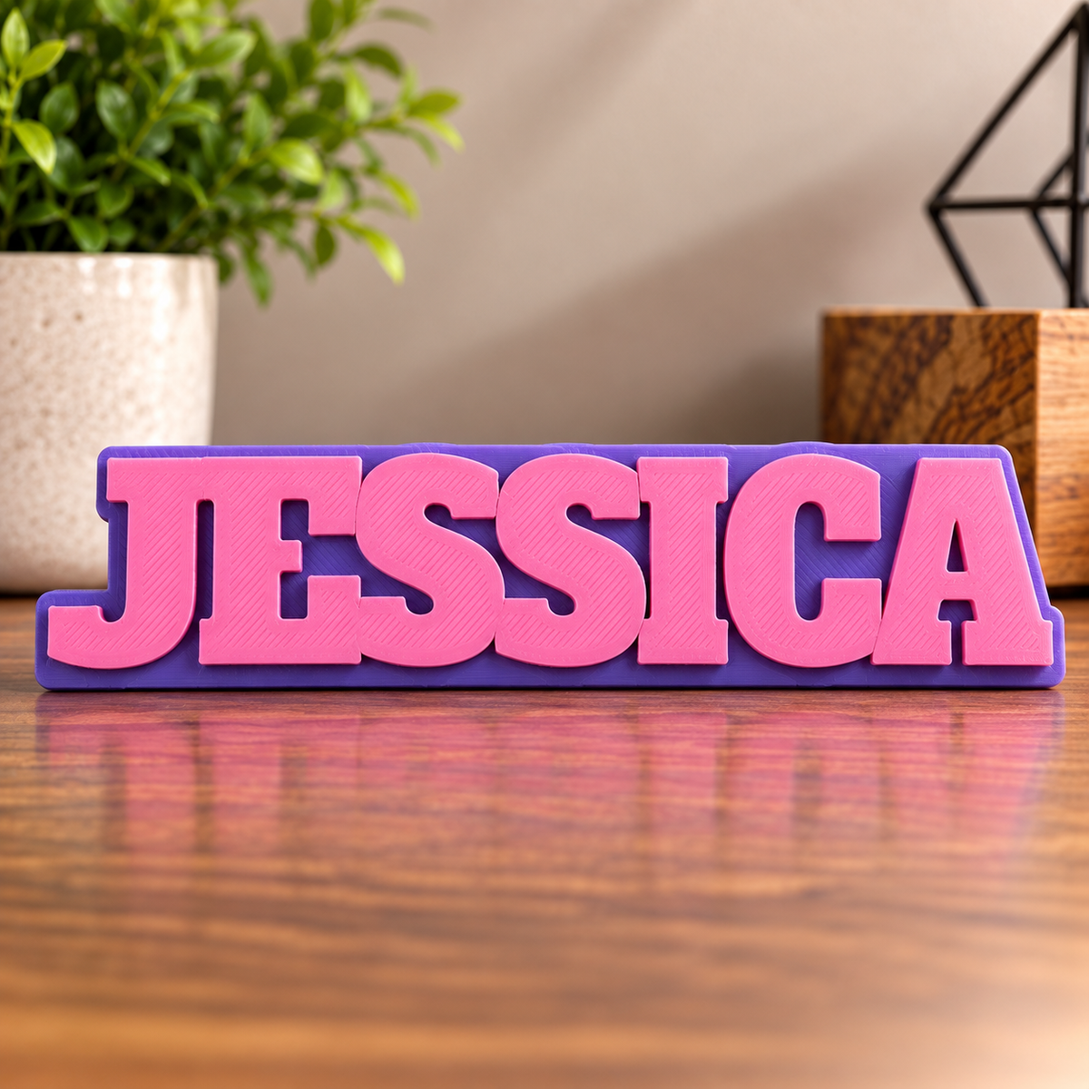 Personalized Jessica 3D name sign with purple Classic Base and pink raised letters