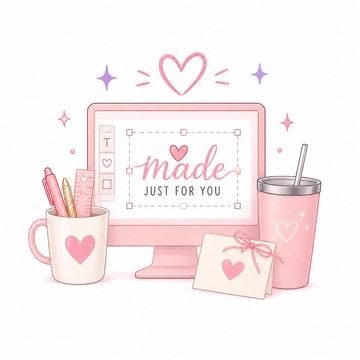 Pink computer monitor with 'Made Just for You' text, mug, tumbler, and stationery on a white background