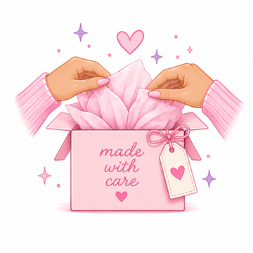 Illustration of hands opening a pink gift box with 'made with care' text and a heart tag.