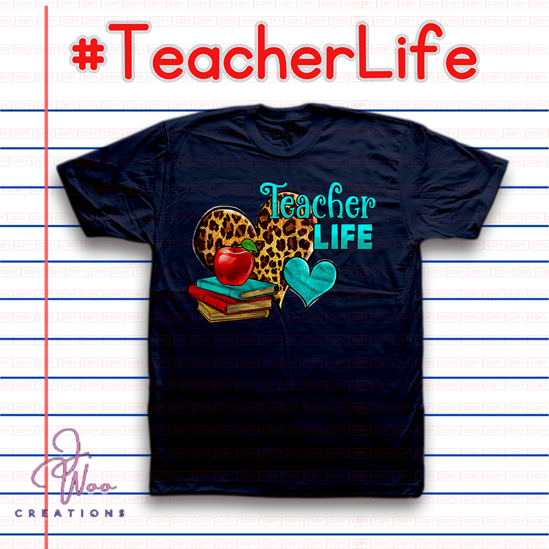 Black t-shirt with 'Teacher Life' design on lined paper background