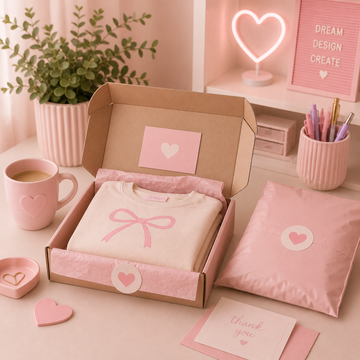 Pink-themed gift set with a shirt, card, and accessories on a desk.