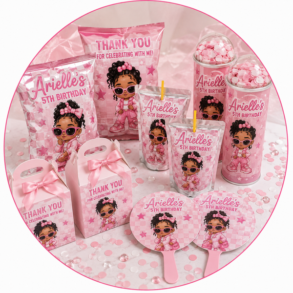 Pink birthday party favor set with personalized graphics on a white background