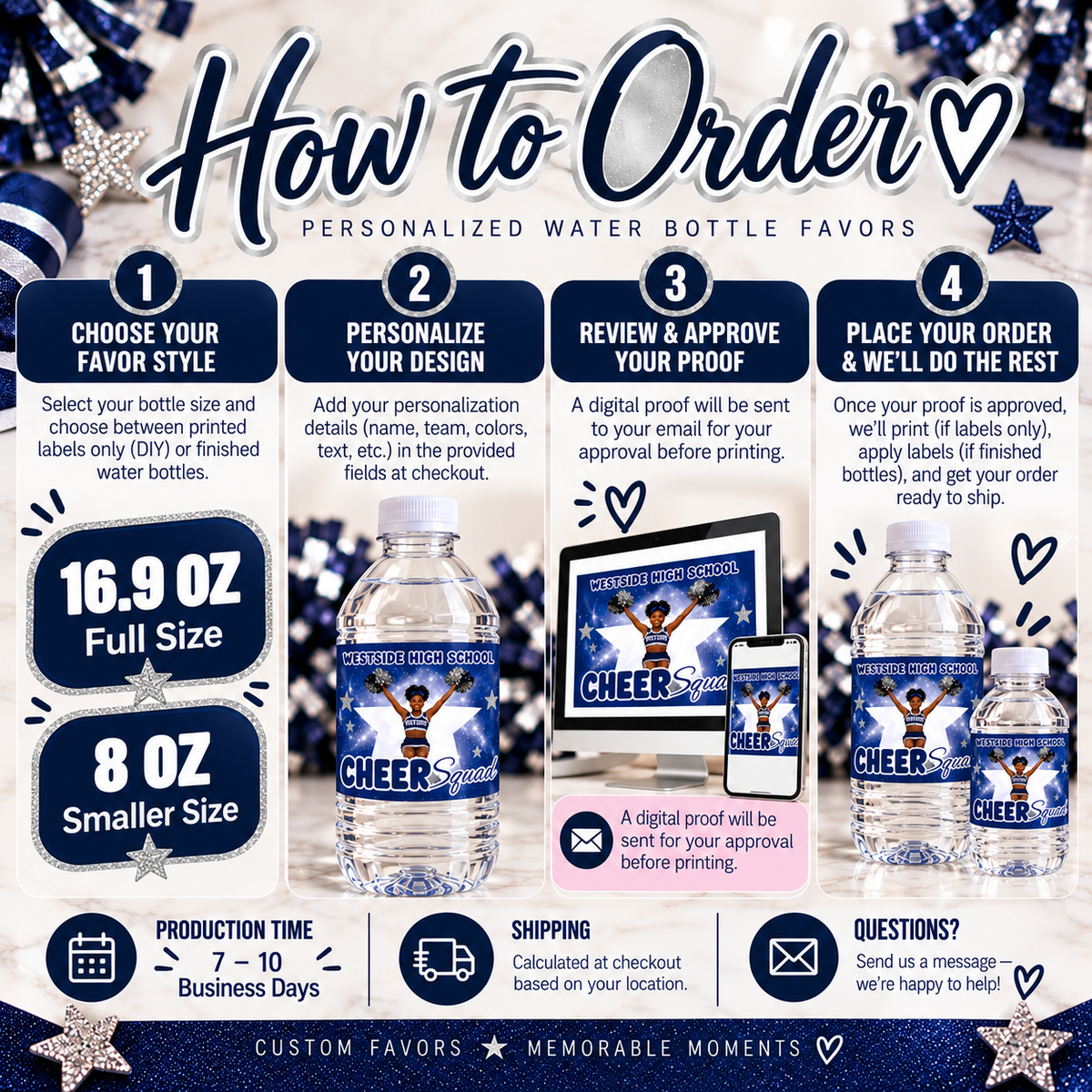Ordering guide for personalized Cheer Squad water bottles showing bottle size selection, customization, proof approval and finished favors.
