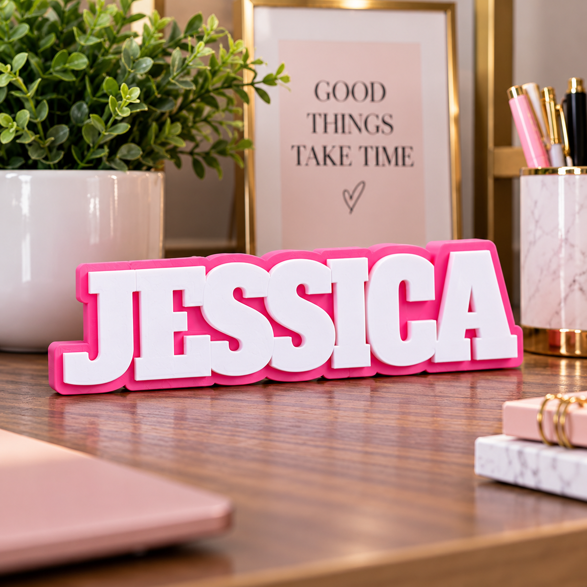 Personalized Jessica 3D printed name sign displayed on a styled desk