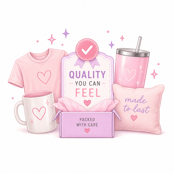 Pink product set with heart designs including a t-shirt, mug, box, and pillow on a white background.
