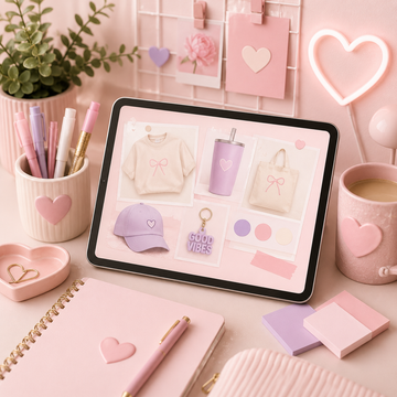 Pink-themed desk setup with tablet, stationery, and decor items.