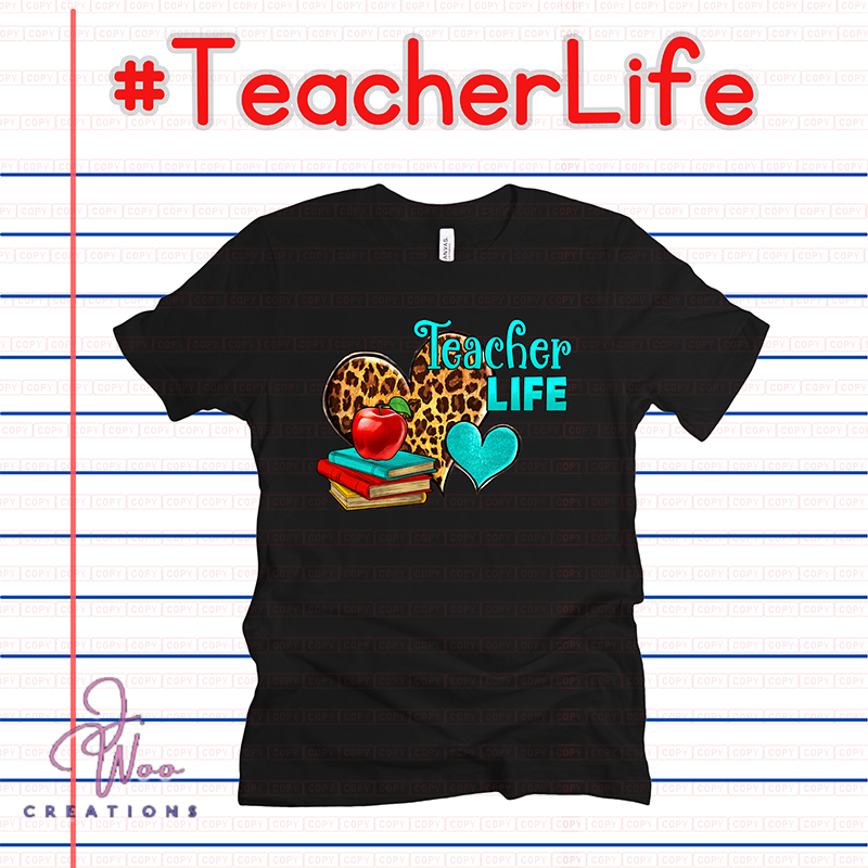 Black t-shirt with 'Teacher Life' design on lined paper background