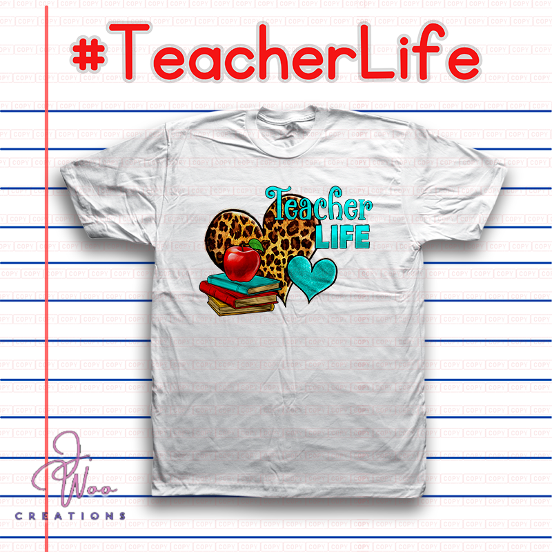White t-shirt with 'Teacher Life' design on a background resembling lined notebook paper.