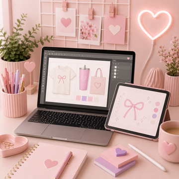 Pink-themed workspace with laptop, tablet, and stationery on a desk.