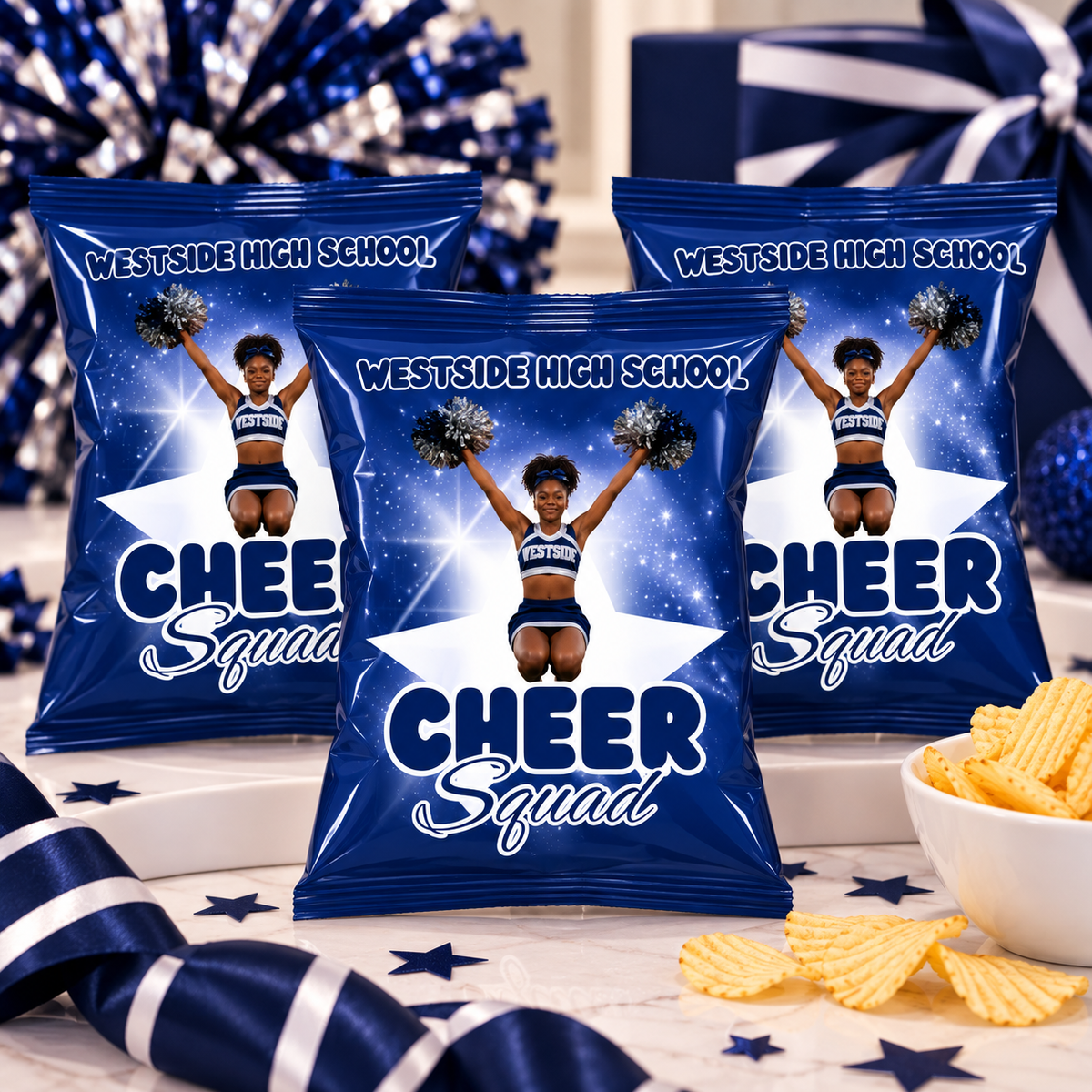 Personalized Westside High School Cheer Squad chip bag favors with navy blue and white cheerleading design