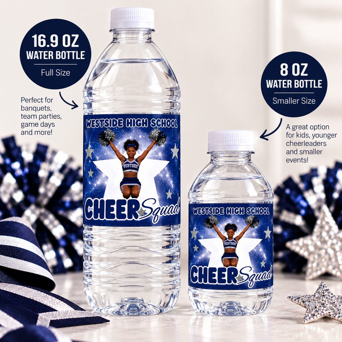 8 oz and 16.9 oz personalized Cheer Squad water bottles shown side by side with matching navy cheerleading labels.