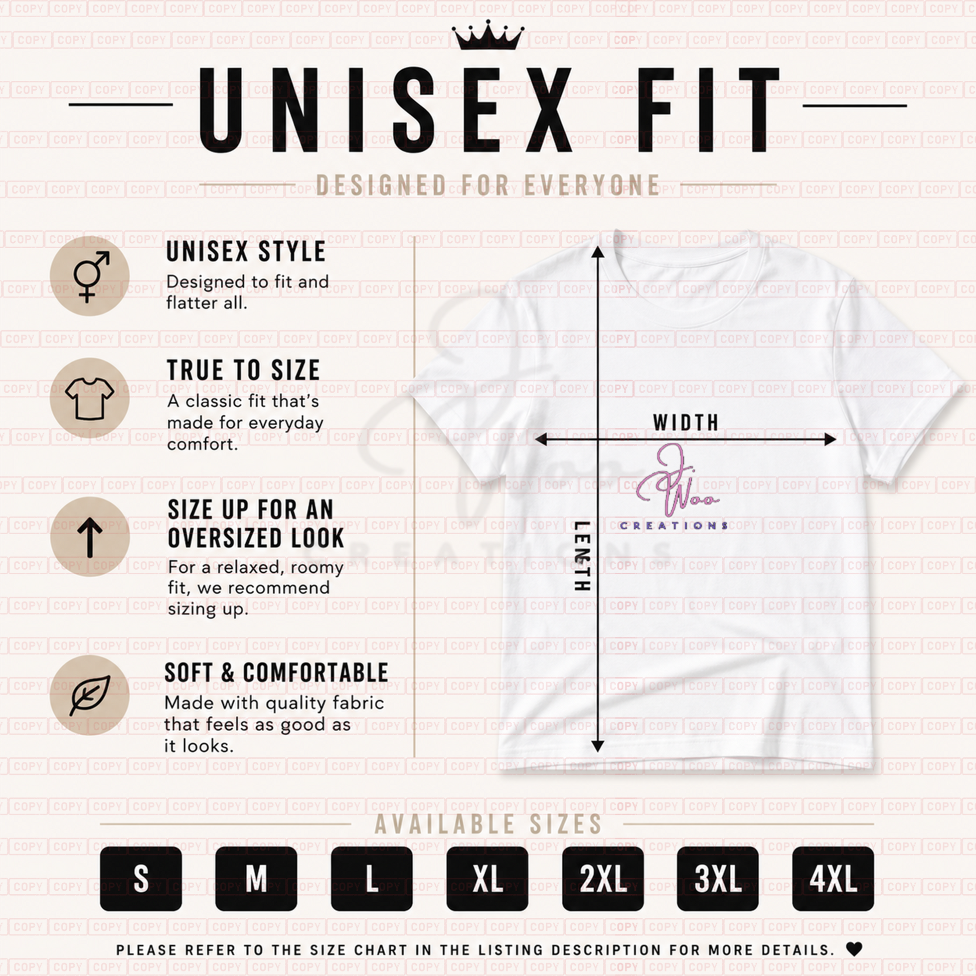 Unisex fit t-shirt with size chart and design details on a white background