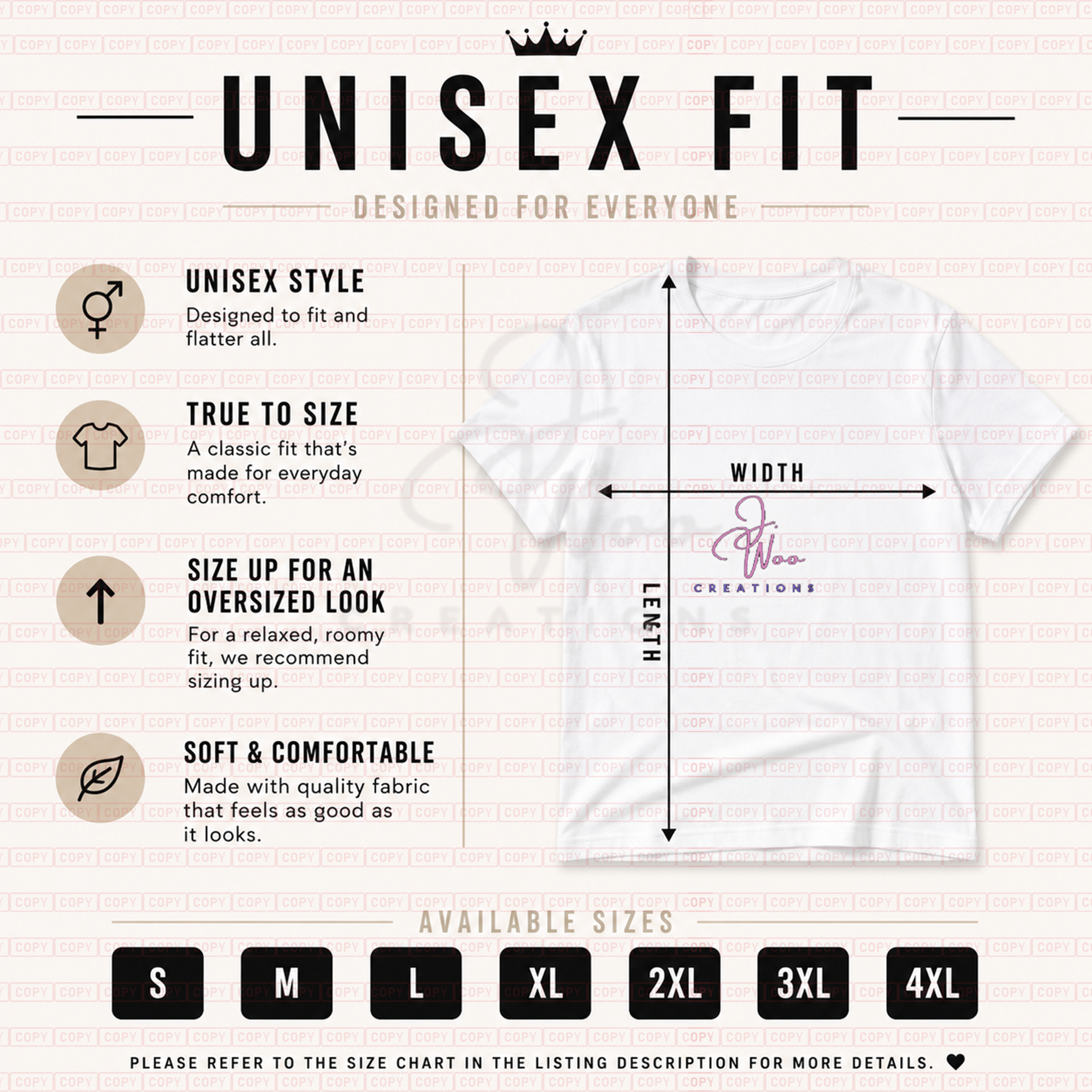 Unisex fit t-shirt with size chart and design details on a white background