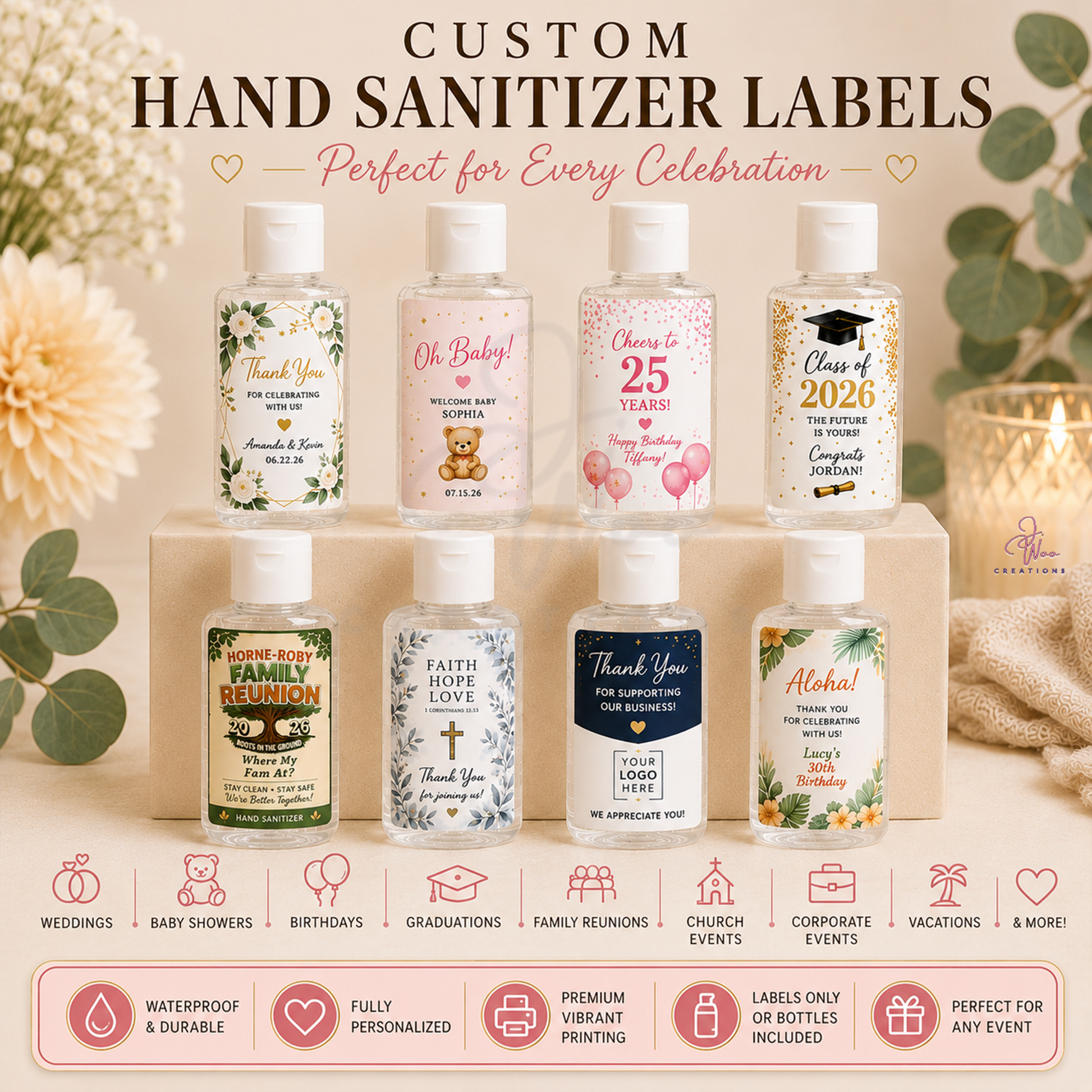 Personalized hand sanitizer labels for every occasion including weddings graduations church events corporate events and family reunions