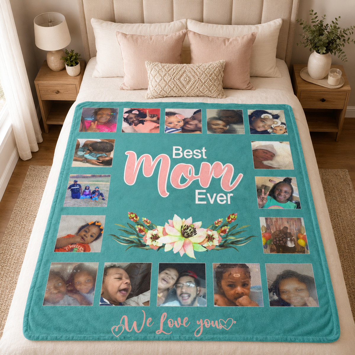 Custom Best Mom Ever 70x80 photo blanket spread across a queen bed