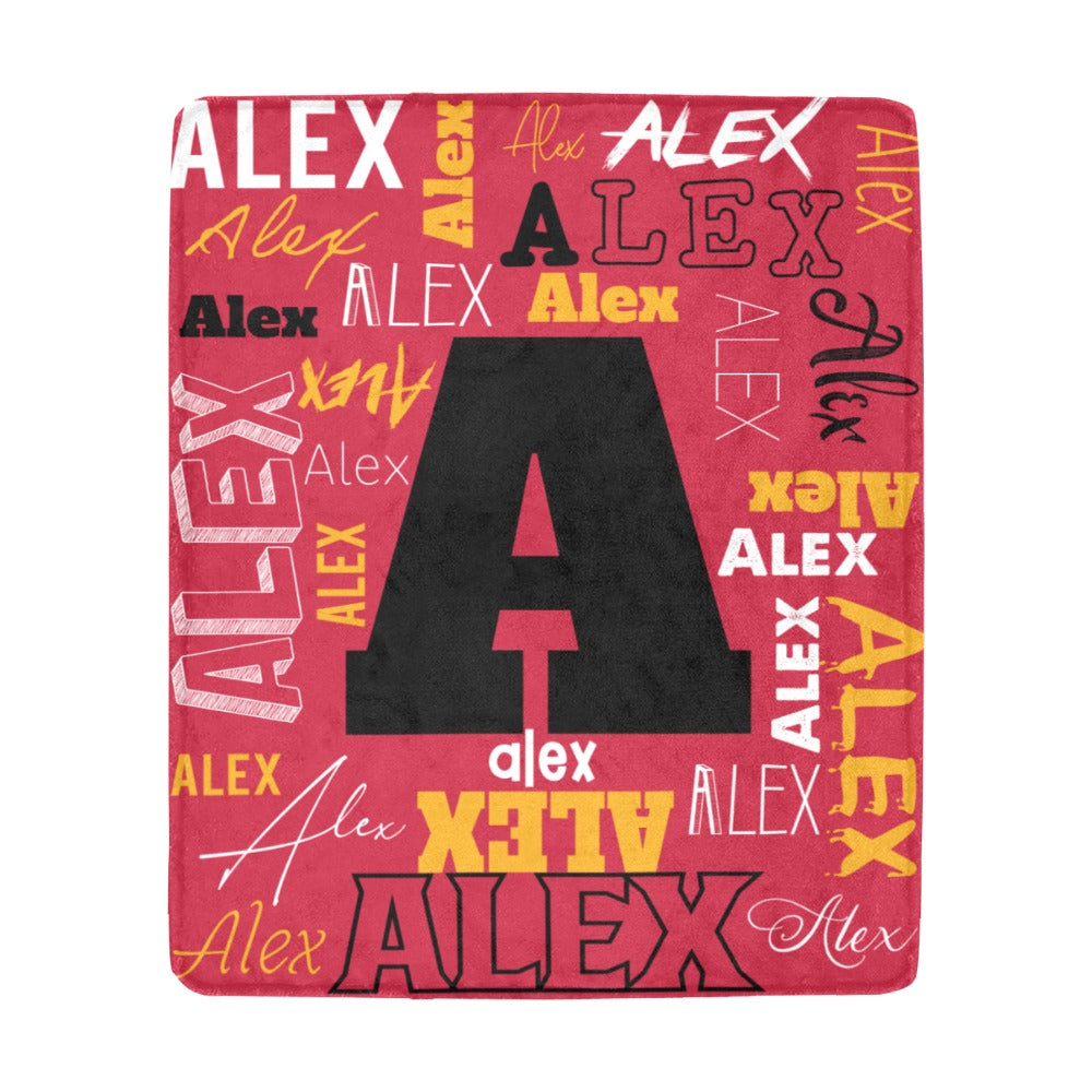 Red personalized name and initial microfleece blanket with the name Alex and letter A