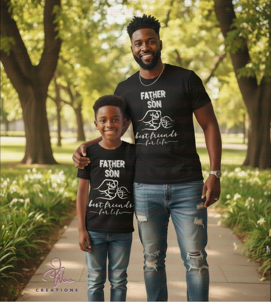 Two black t-shirts with 'Father Son Best Friends for Life' text on a beige surface with sunglasses and a tumbler.