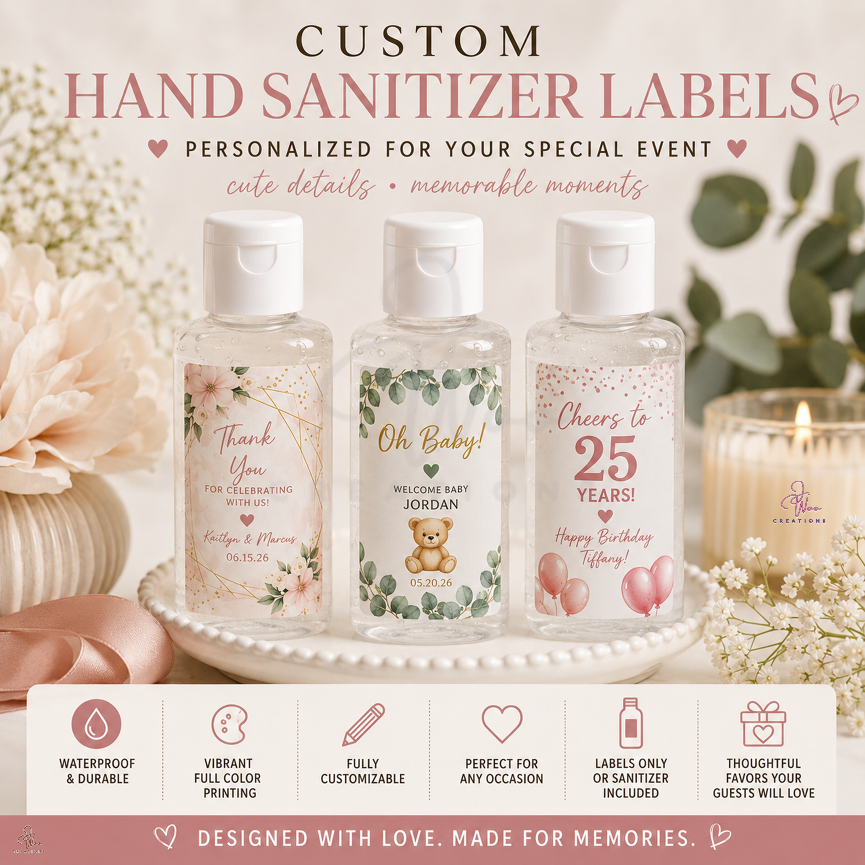 Custom hand sanitizer labels for weddings baby showers birthdays and family reunions - J. Woo Creations