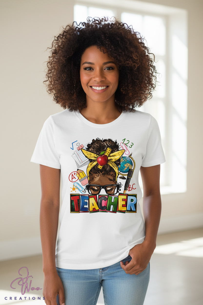 Messy Bun Teacher T-Shirt - Waist-Up Focus