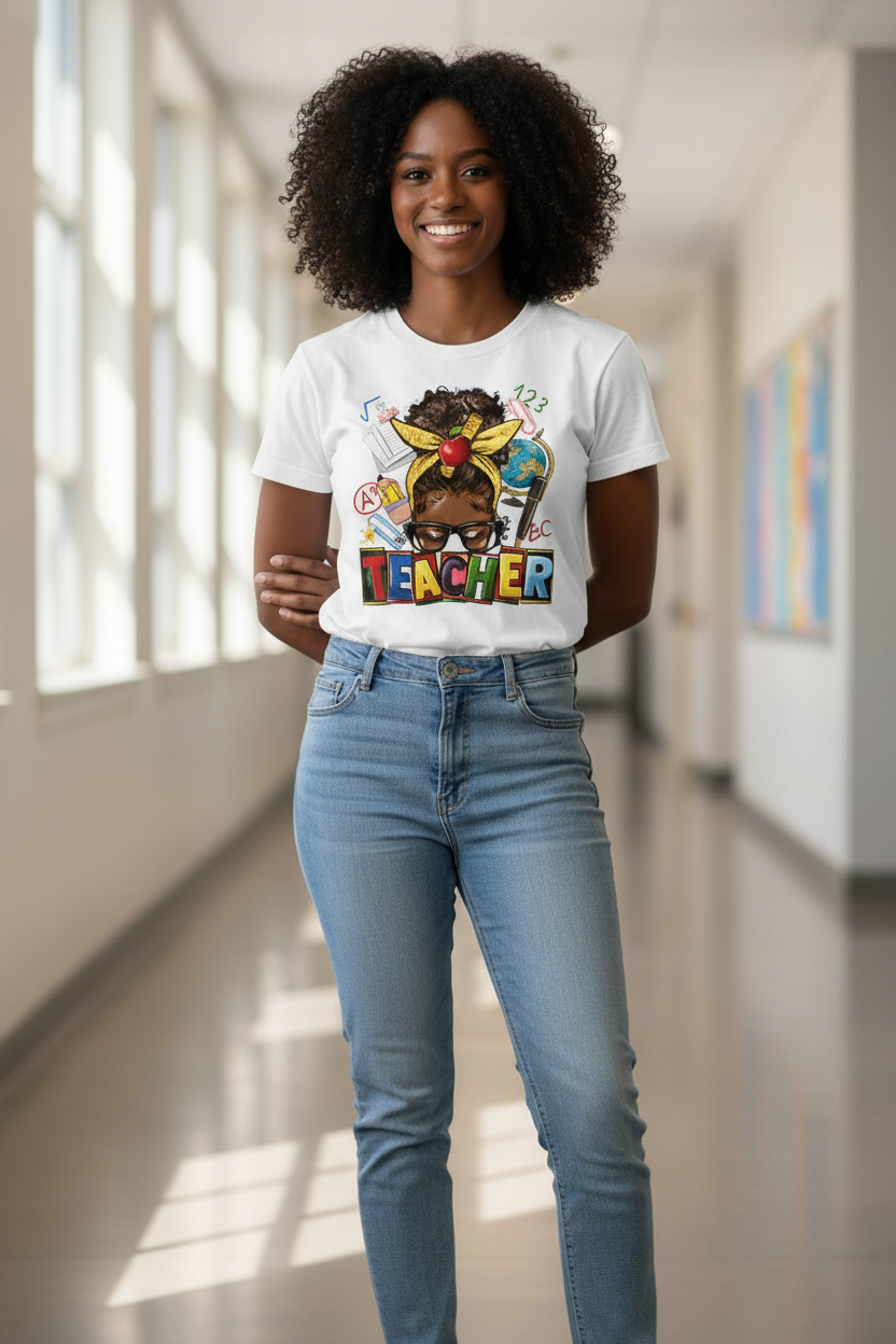 Messy Bun Teacher T-Shirt - Waist-Up Focus
