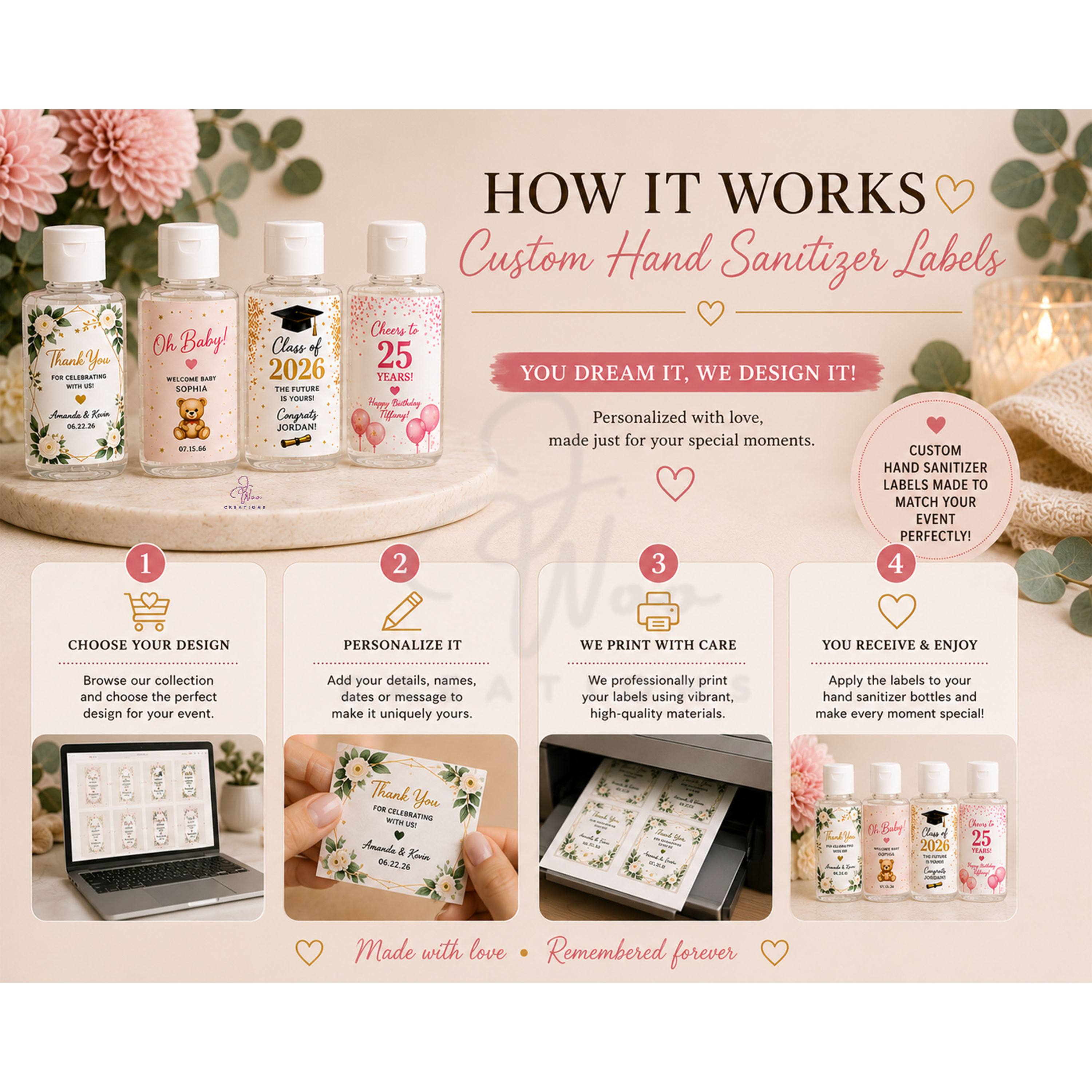 How to order personalized hand sanitizer labels - choose design personalize print and enjoy - J. Woo Creations