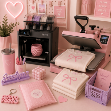 Pink and black printing equipment on a table with printed items and decorative objects.