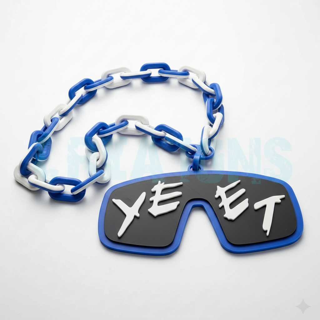 Custom 3D printed logo chain in blue and white on white background.