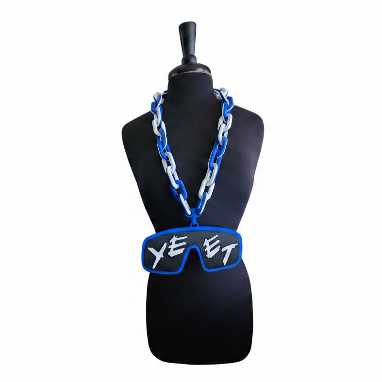 Blue and white chain necklace with sunglasses on a mannequin bust against a white background