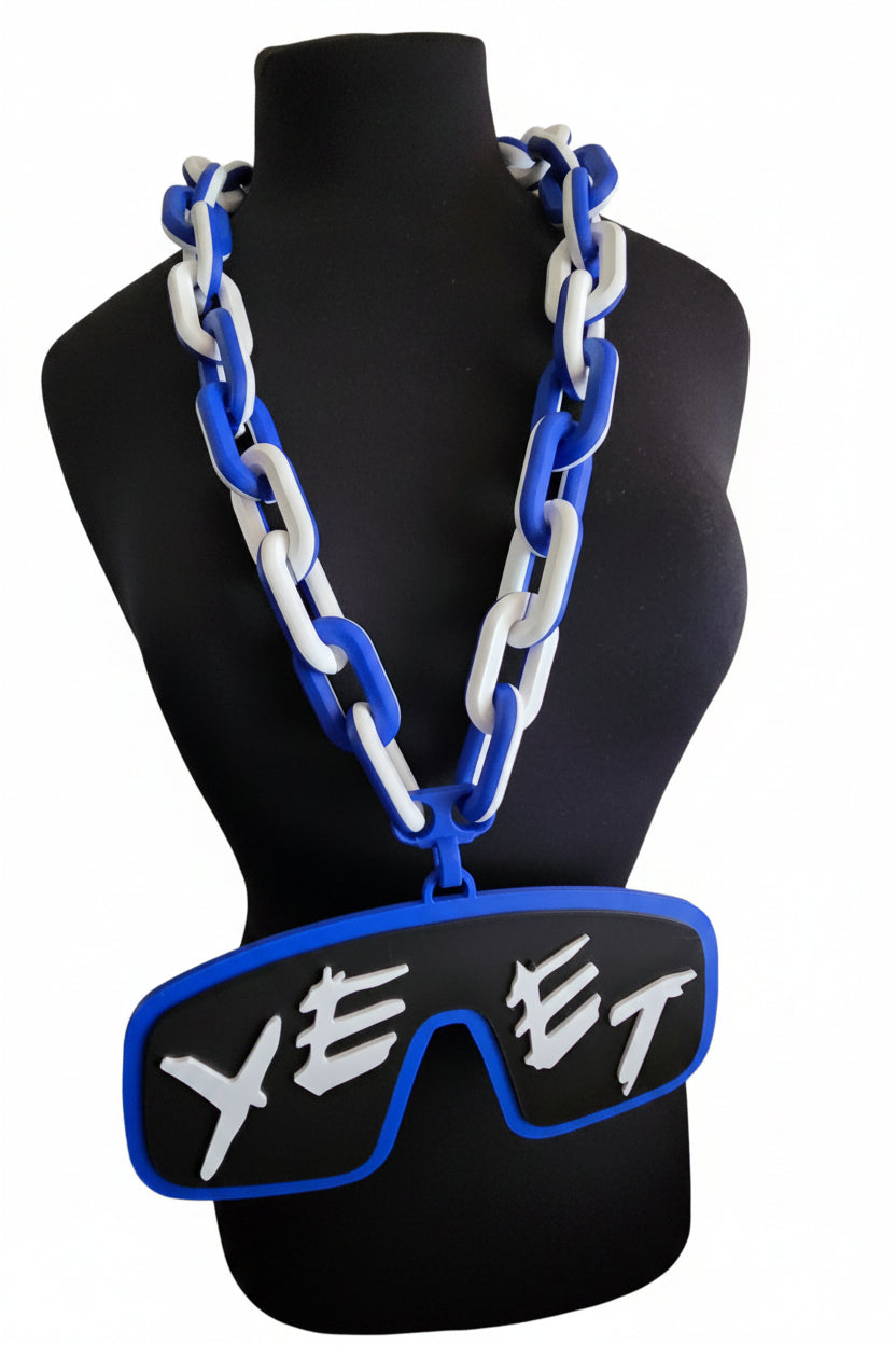 Custom 3D printed logo chain in blue and white on white background on a mannequin.